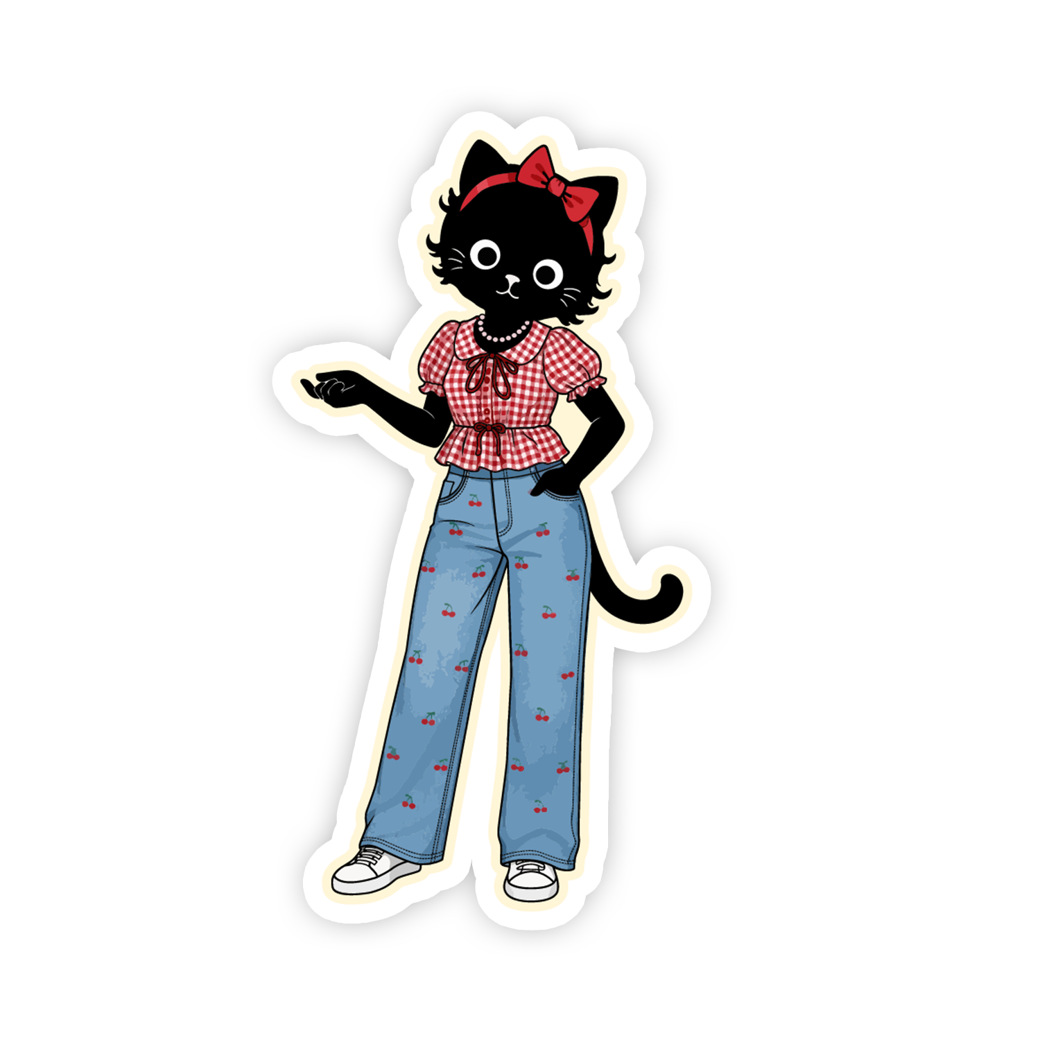 Sticker of a black cat wearing a red checkered shirt and blue pants on a white background