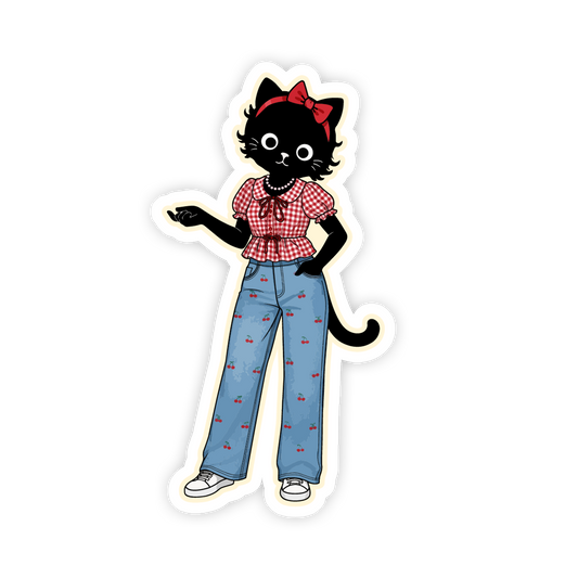 Sticker of a black cat wearing a red checkered shirt and blue pants on a white background