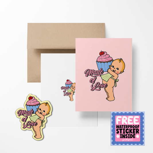 Greeting card with ice cream cone design and free sticker offer on a white background