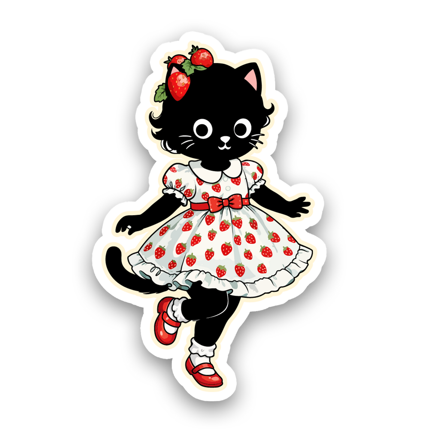 Sticker of a black cat in a strawberry dress with a white background