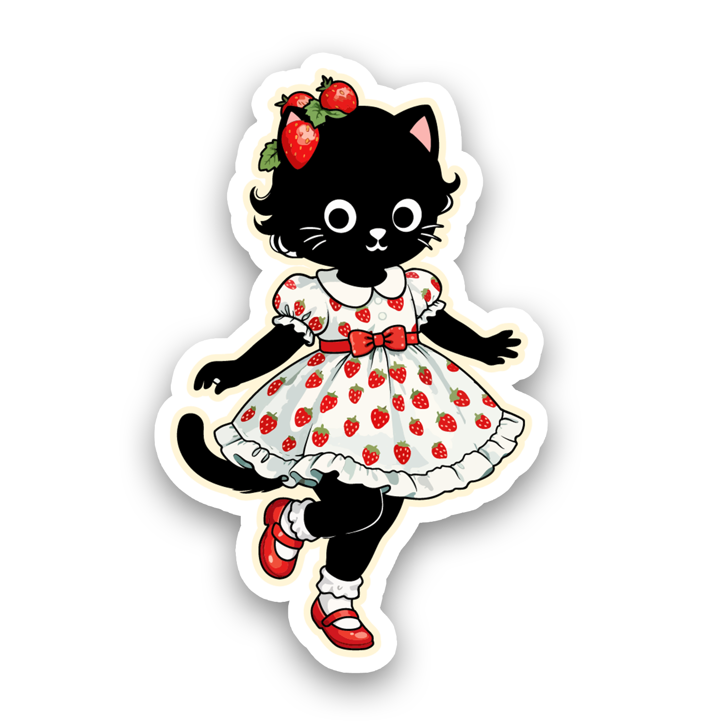 Sticker of a black cat in a strawberry dress with a white background