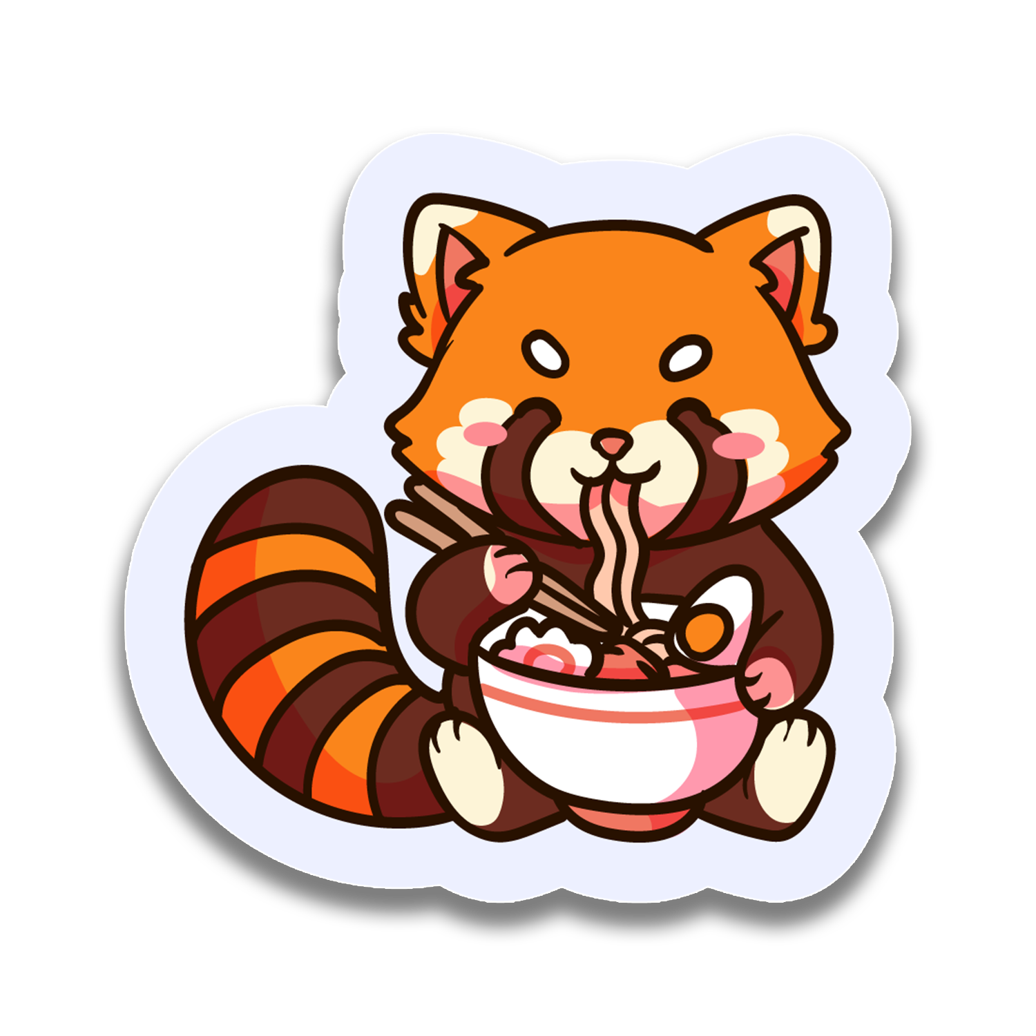 Cartoon red panda eating noodles with chopsticks from a bowl on a white background