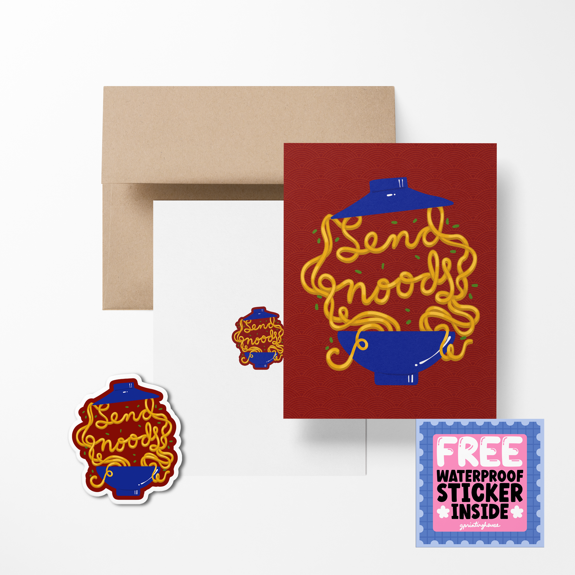 A greeting card with a stylized text 'Send Noods' accompanied by noodle illustrations, displayed alongside a brown kraft paper envelope and a clear cellophane bag. There is also a small waterproof sticker with the same design as the card.