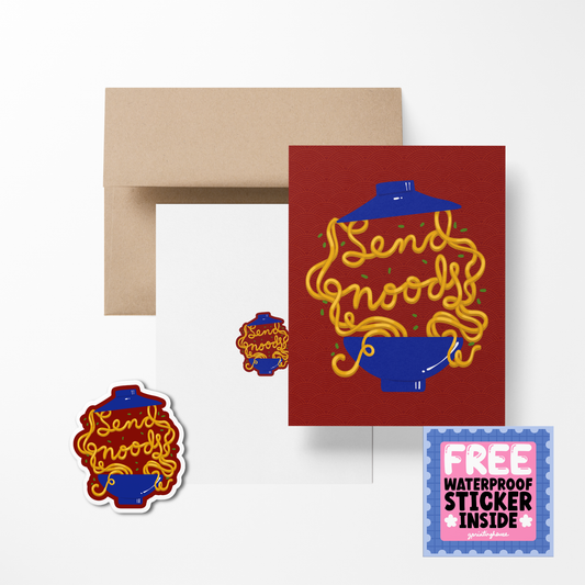 A greeting card with a stylized text 'Send Noods' accompanied by noodle illustrations, displayed alongside a brown kraft paper envelope and a clear cellophane bag. There is also a small waterproof sticker with the same design as the card.