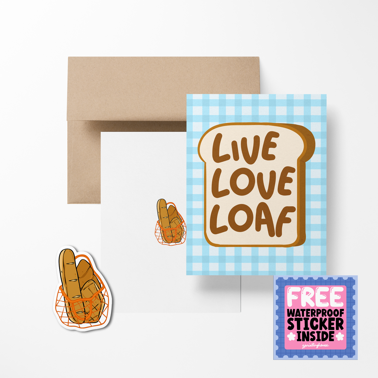 A greeting card with a bread slice design and the text 'LIVE LOVE LOAF', accompanied by a brown envelope and a free waterproof vinyl sticker, all displayed on a white background.