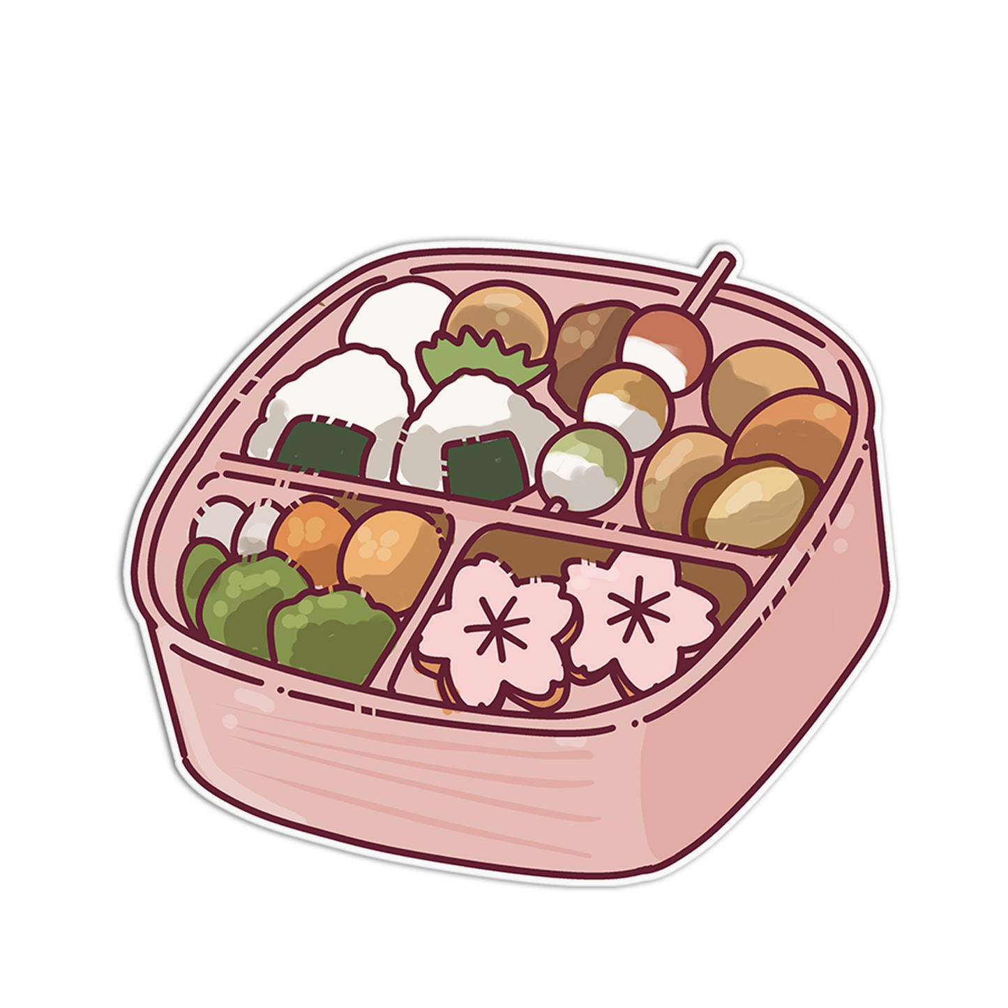 Illustration of a bento box with various Japanese food items on a white background