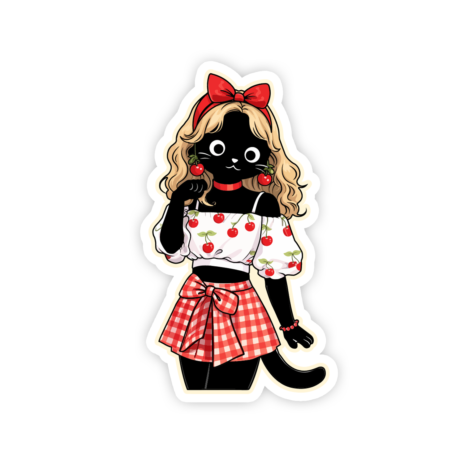Sticker of a black cat character with blonde hair, red bow, and cherry-themed outfit on a white background.