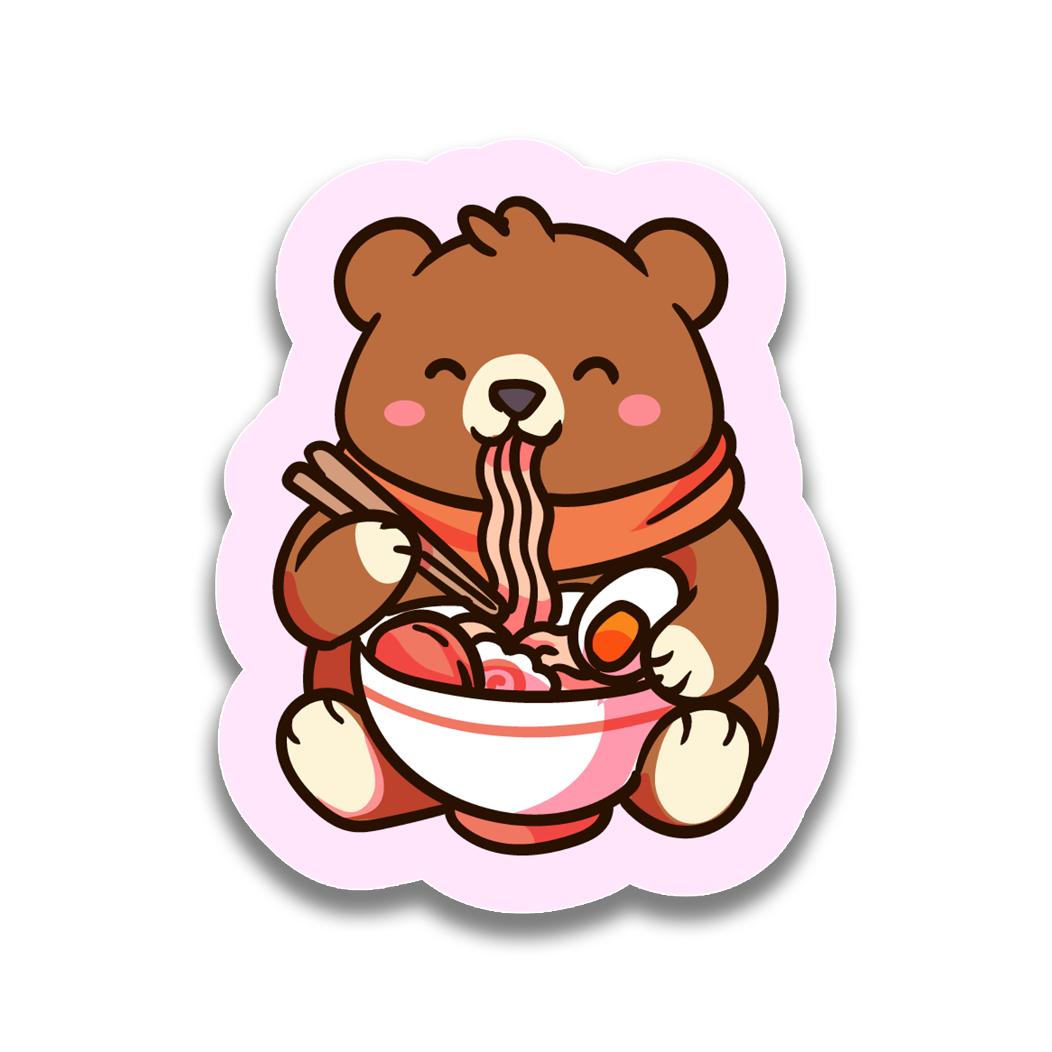 Sticker of a bear eating noodles with chopsticks on a white background
