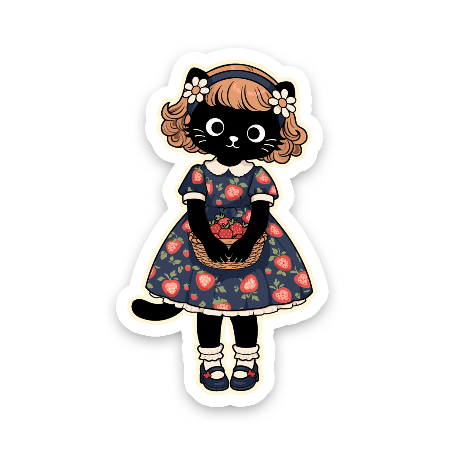 Sticker of a cat character in a dress with a strawberry pattern on a white background