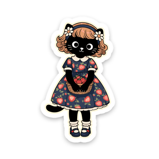 Sticker of a cat character in a dress with a strawberry pattern on a white background