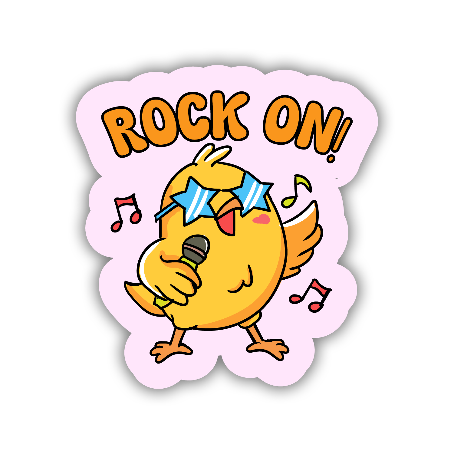 Cartoon character with sunglasses and 'Rock On!' text on a pink background