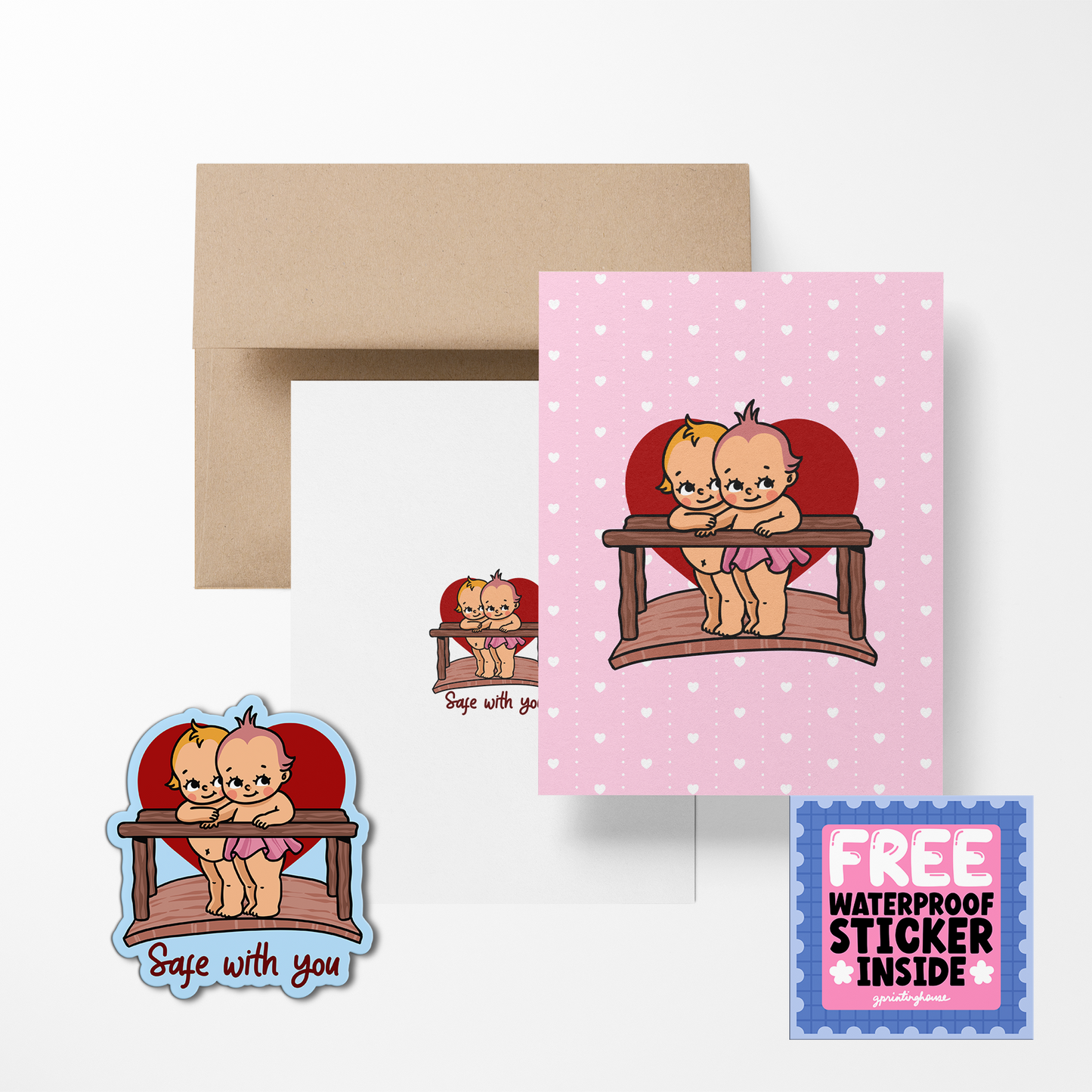 Greeting card with cartoon babies, envelope, and free sticker on a white background