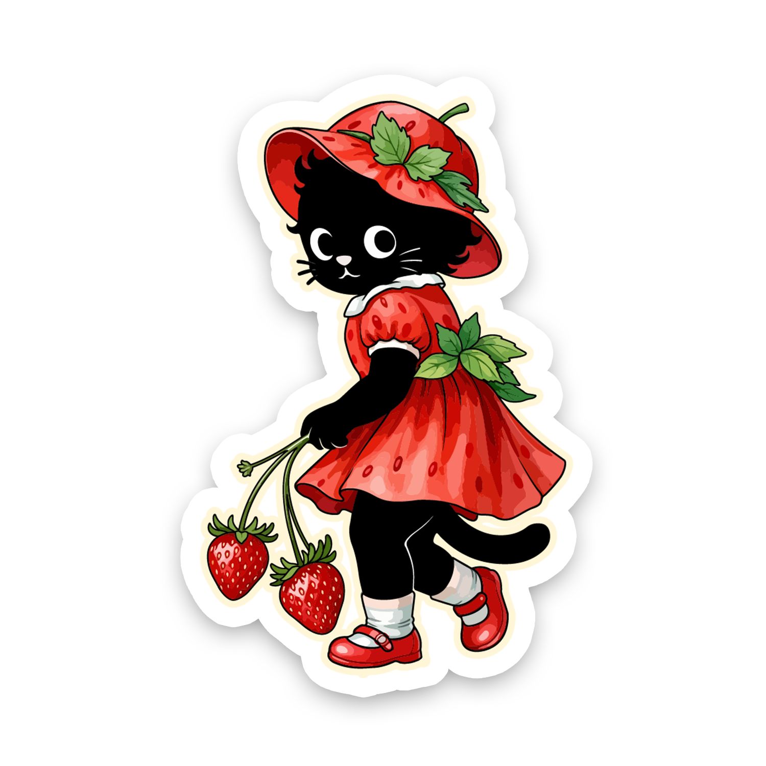 Sticker of a black cat in a strawberry dress holding strawberries on a white background