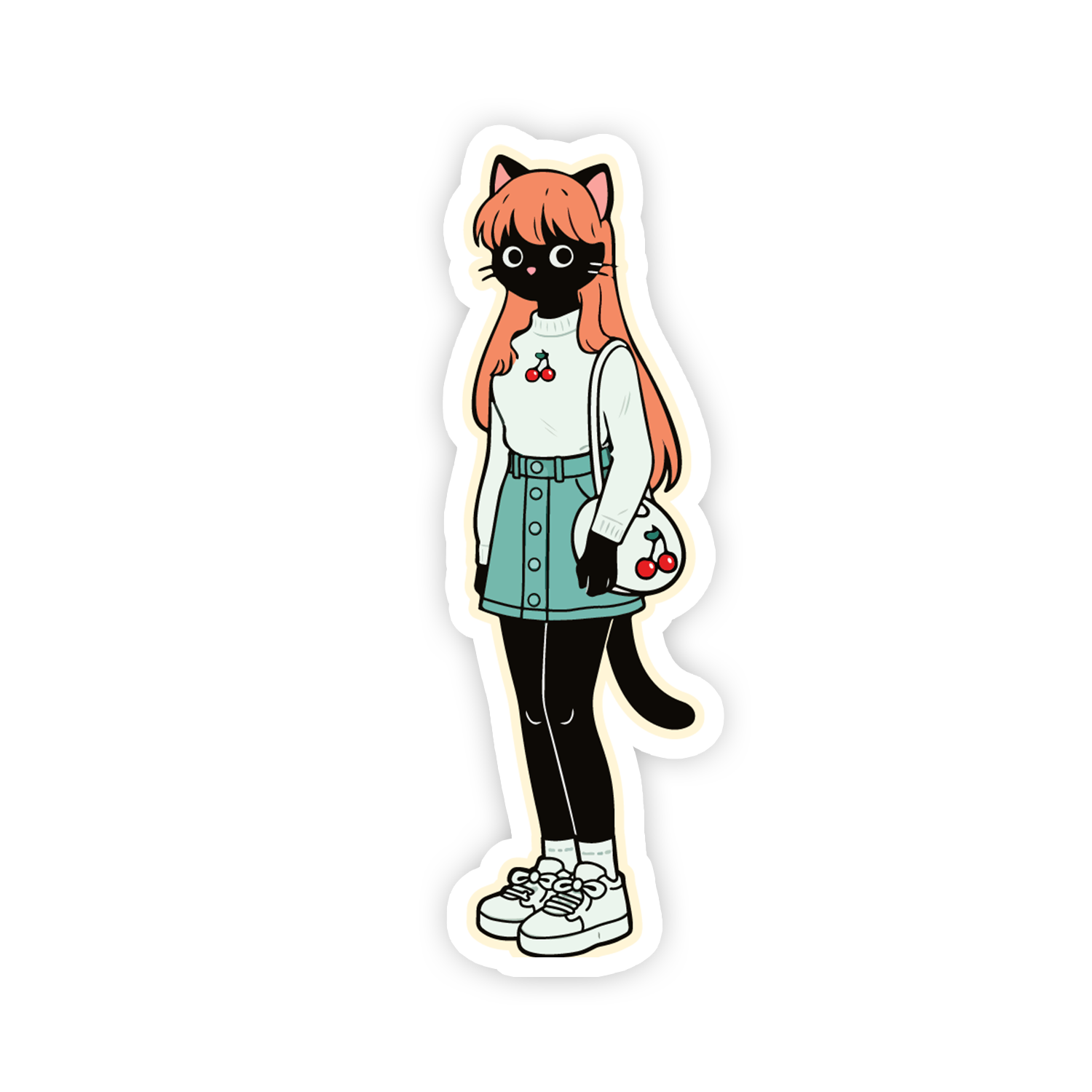 Sticker of a person with cat ears and a black cat face, wearing a white shirt, green skirt, and holding a cherry bag on a white background.