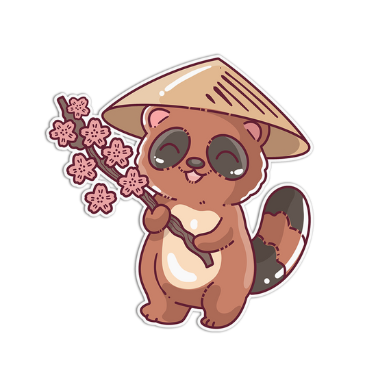 Cartoon raccoon wearing a straw hat holding cherry blossoms on a white background