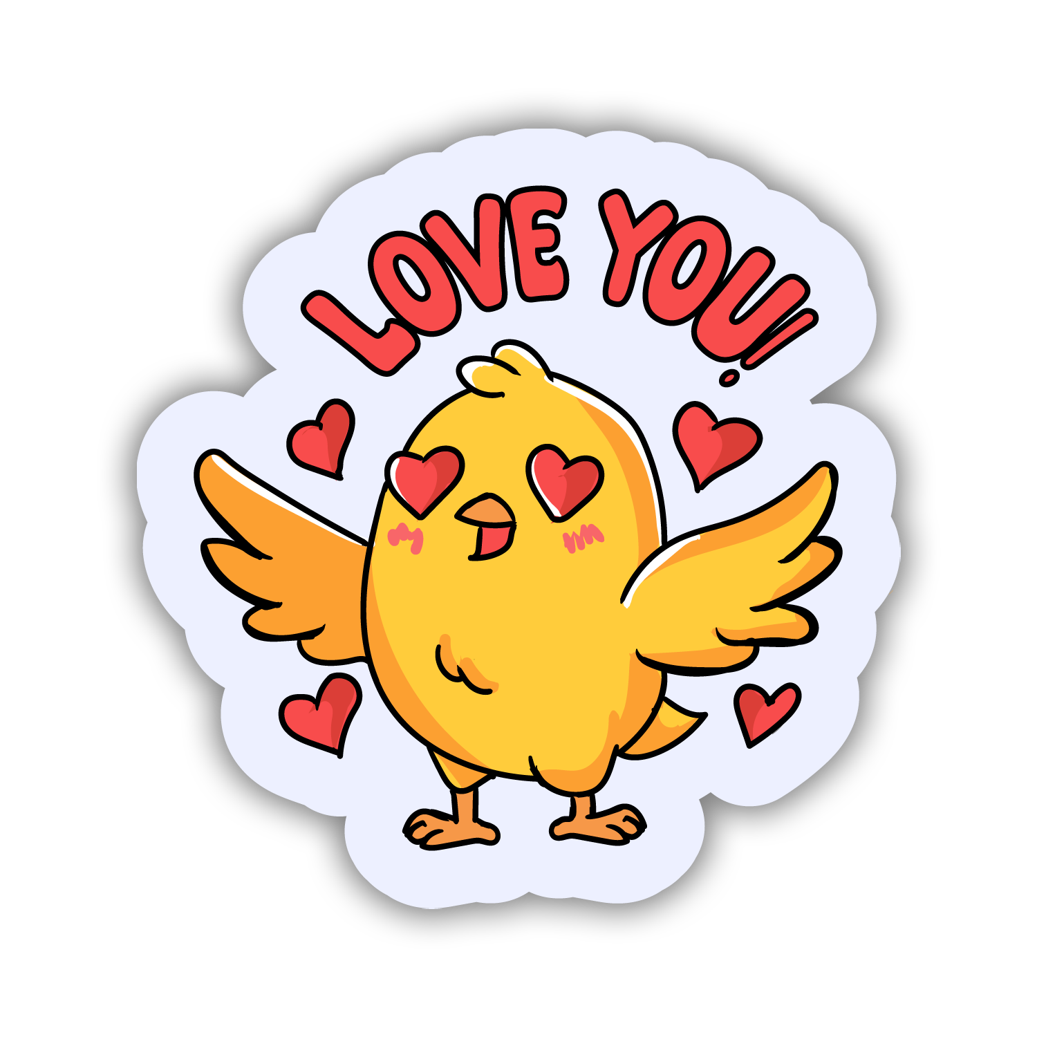 Cartoon chick with 'LOVE YOU!' text and hearts on a white background
