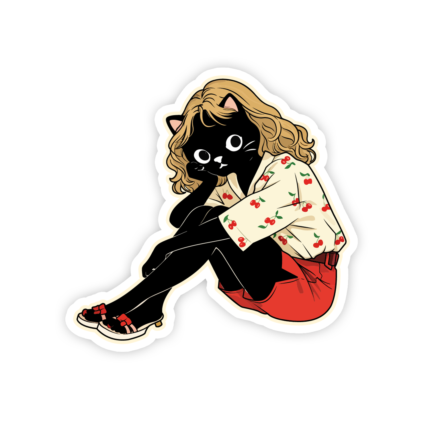 Sticker of a black cat with a human body wearing a floral blouse and red skirt on a white background.