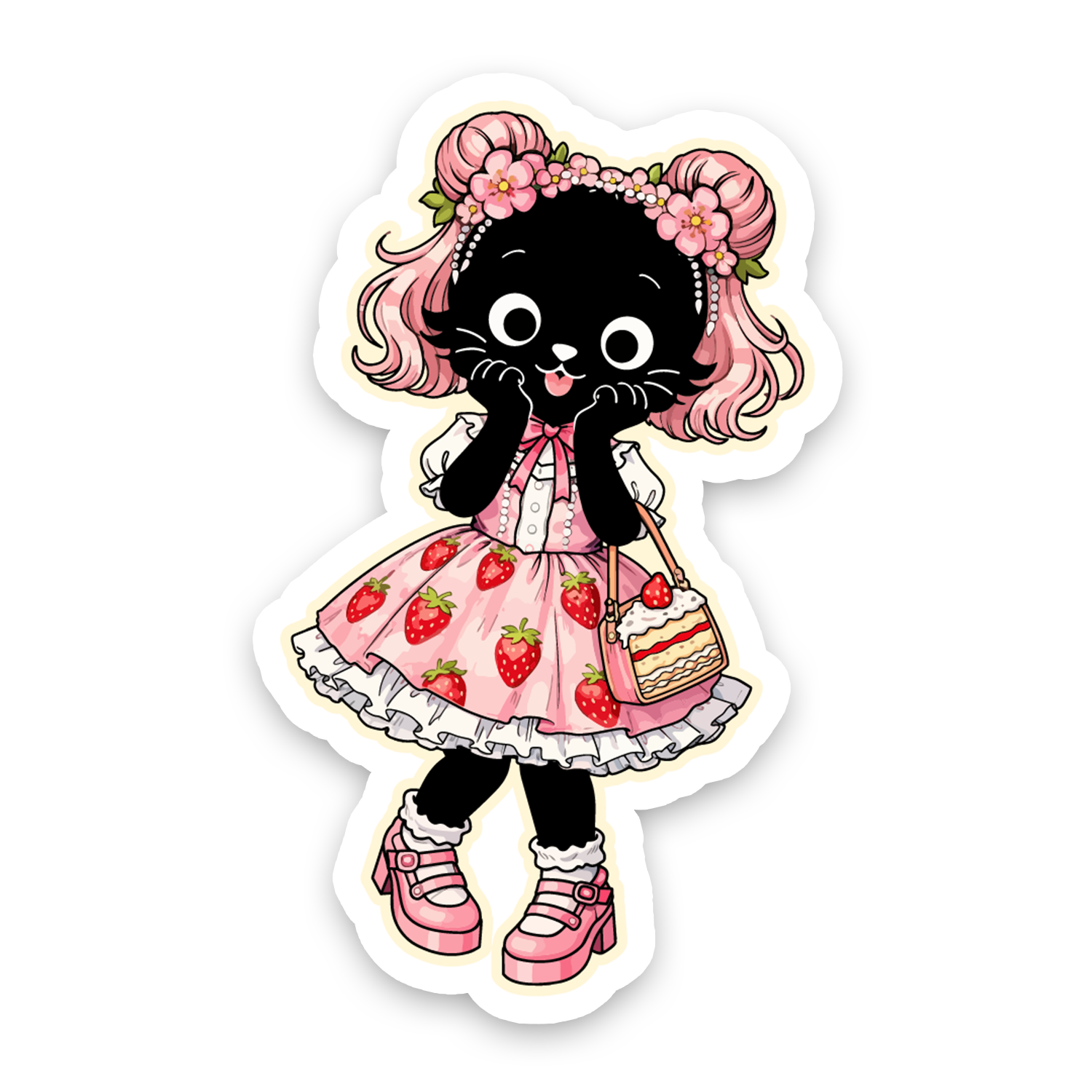 Cartoon cat character with pink hair and a strawberry dress on a white background