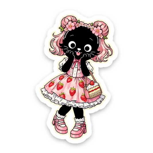 Cartoon cat character with pink hair and a strawberry dress on a white background