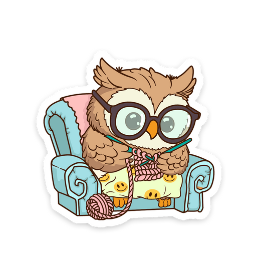 Owl Knitting In Armchair - Sewing Animals Sticker