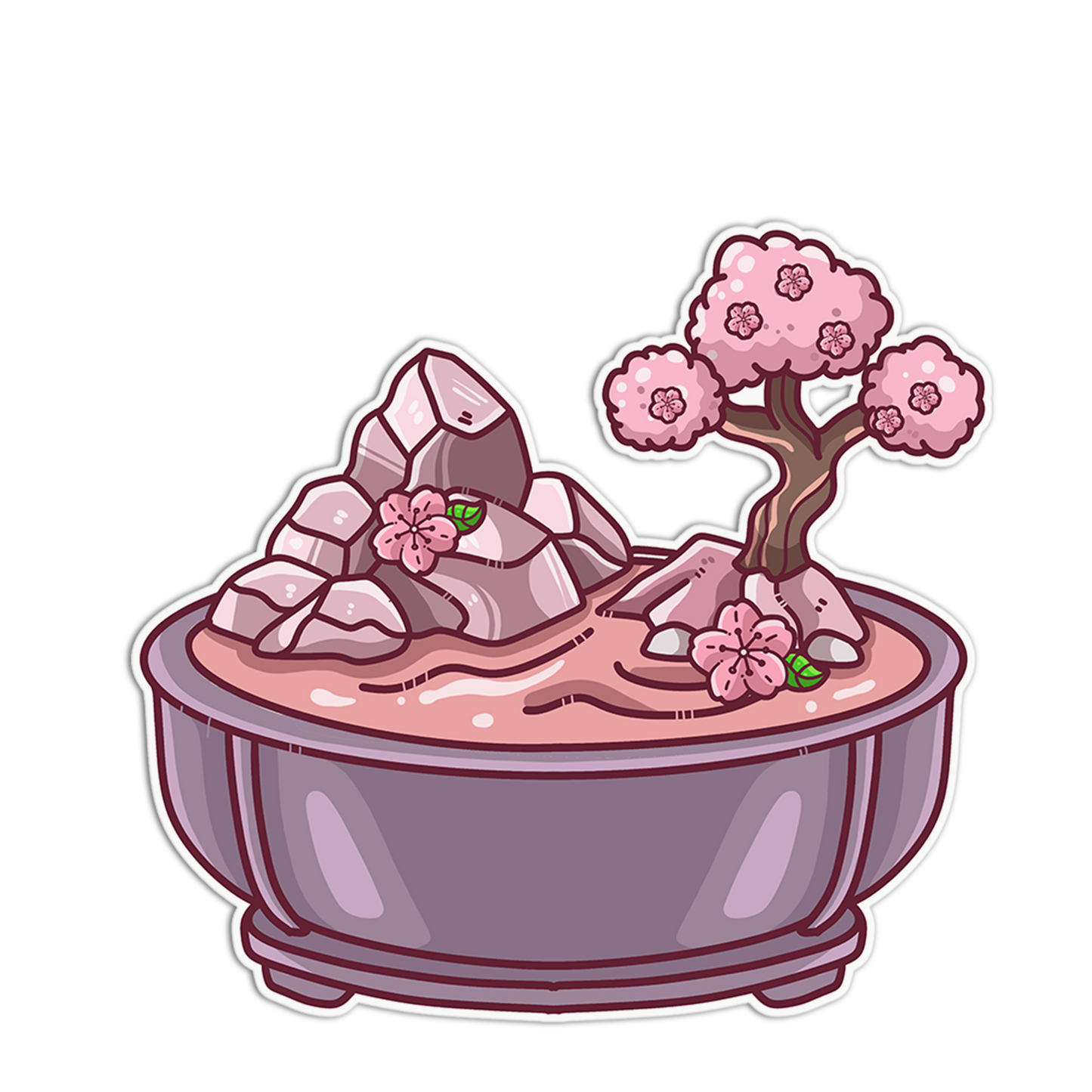 Sticker design of a pink landscape with rocks, flowers, and a tree in a bowl on a white background.