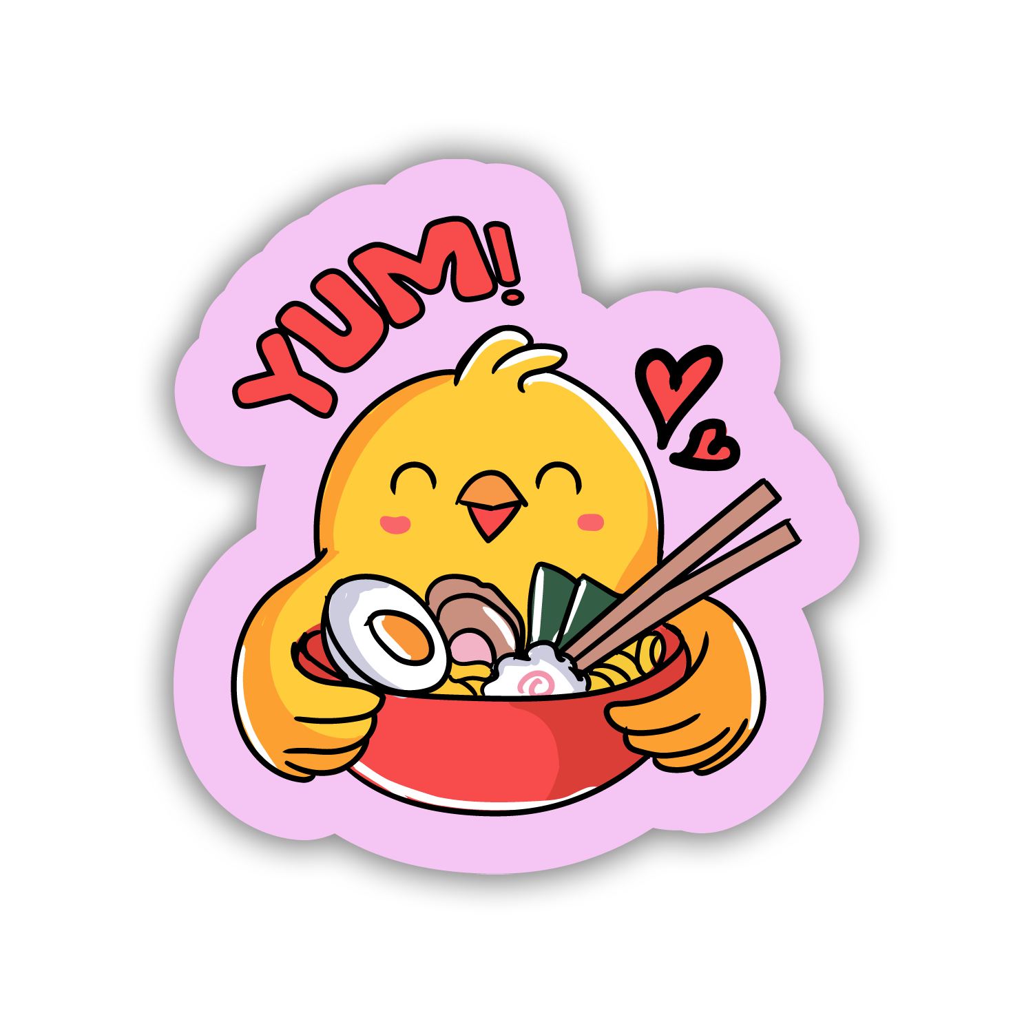 Cartoon chicken holding a bowl of ramen with 'YUM!' text on a pink background
