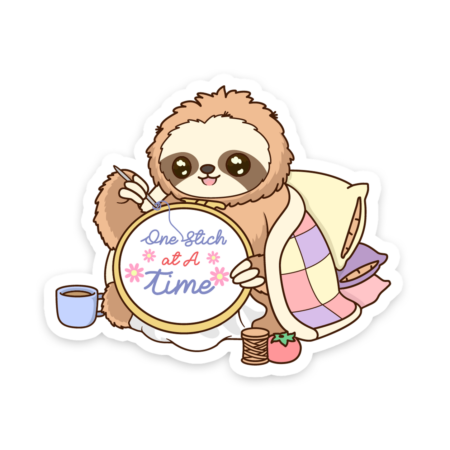 Cute Sloth Holding Embroidery Hoop - Sewing Animals Sticker