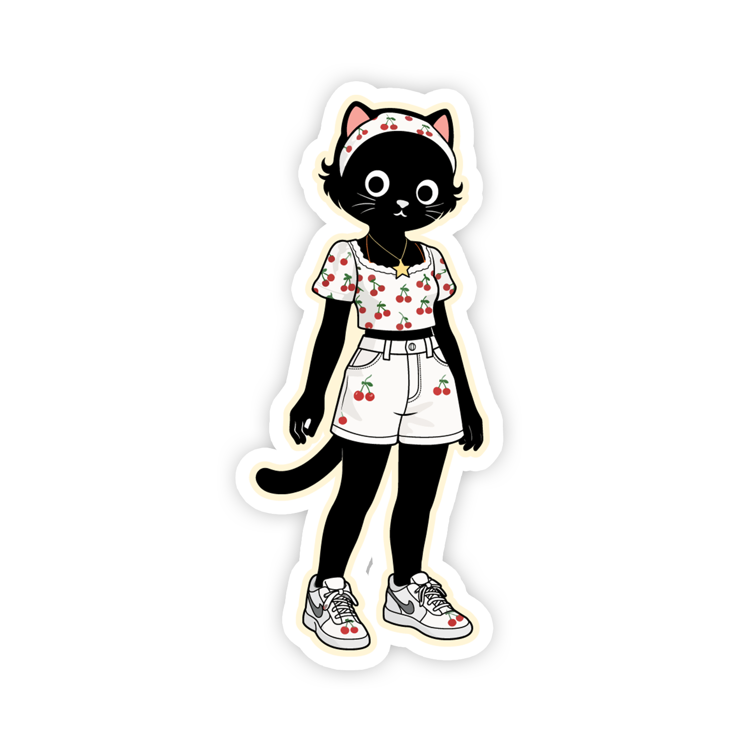 Sticker of a black cat character wearing a cherry-themed outfit on a white background