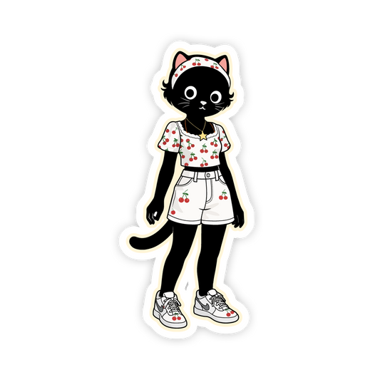 Sticker of a black cat character wearing a cherry-themed outfit on a white background