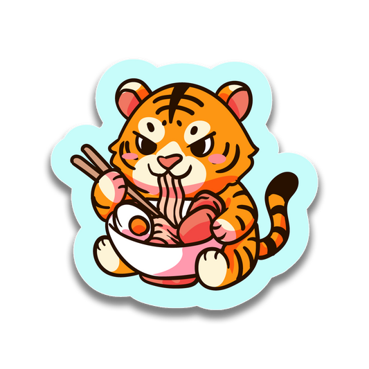 Cartoon tiger eating ramen with chopsticks on a light blue background