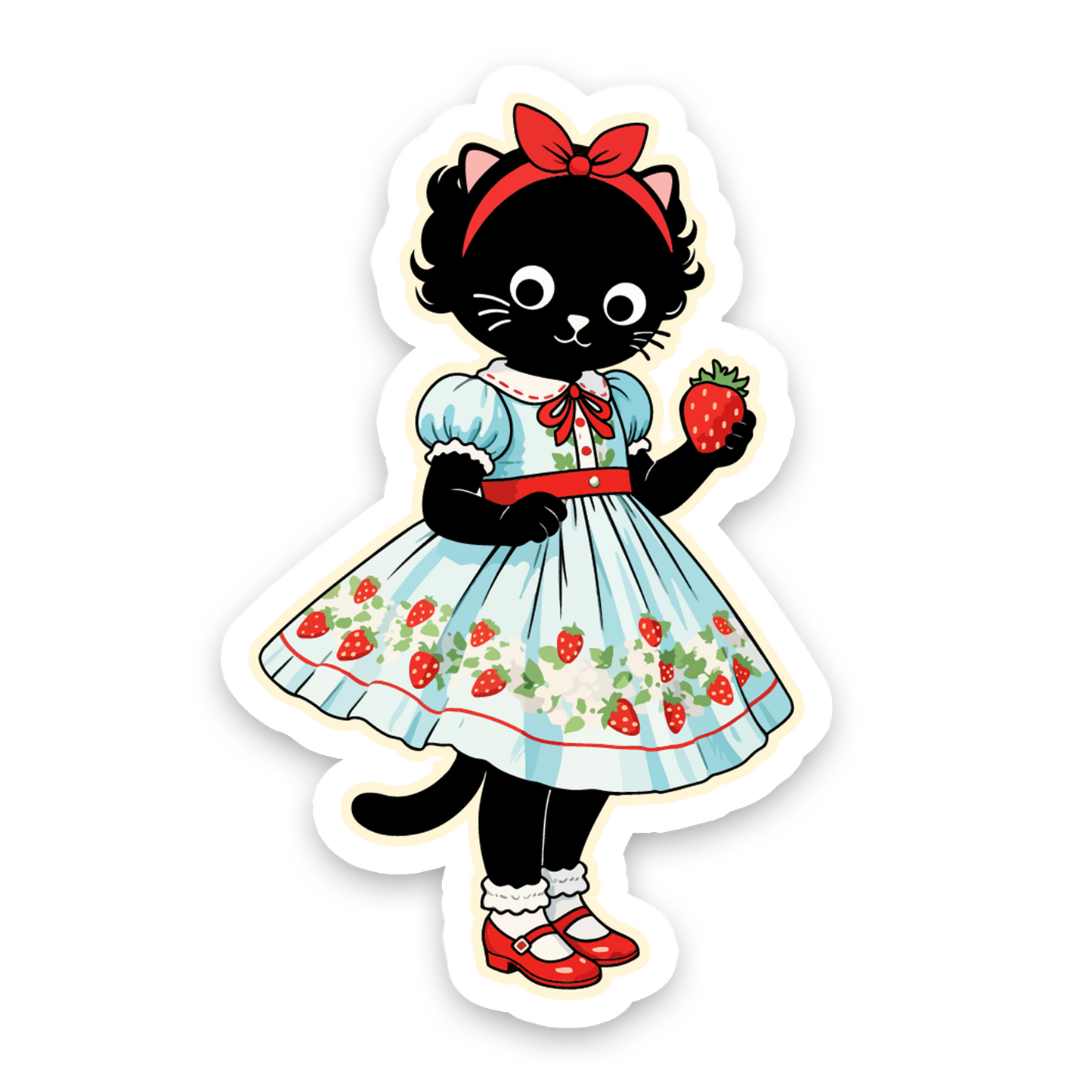 Sticker of a black cat in a dress holding a strawberry on a white background