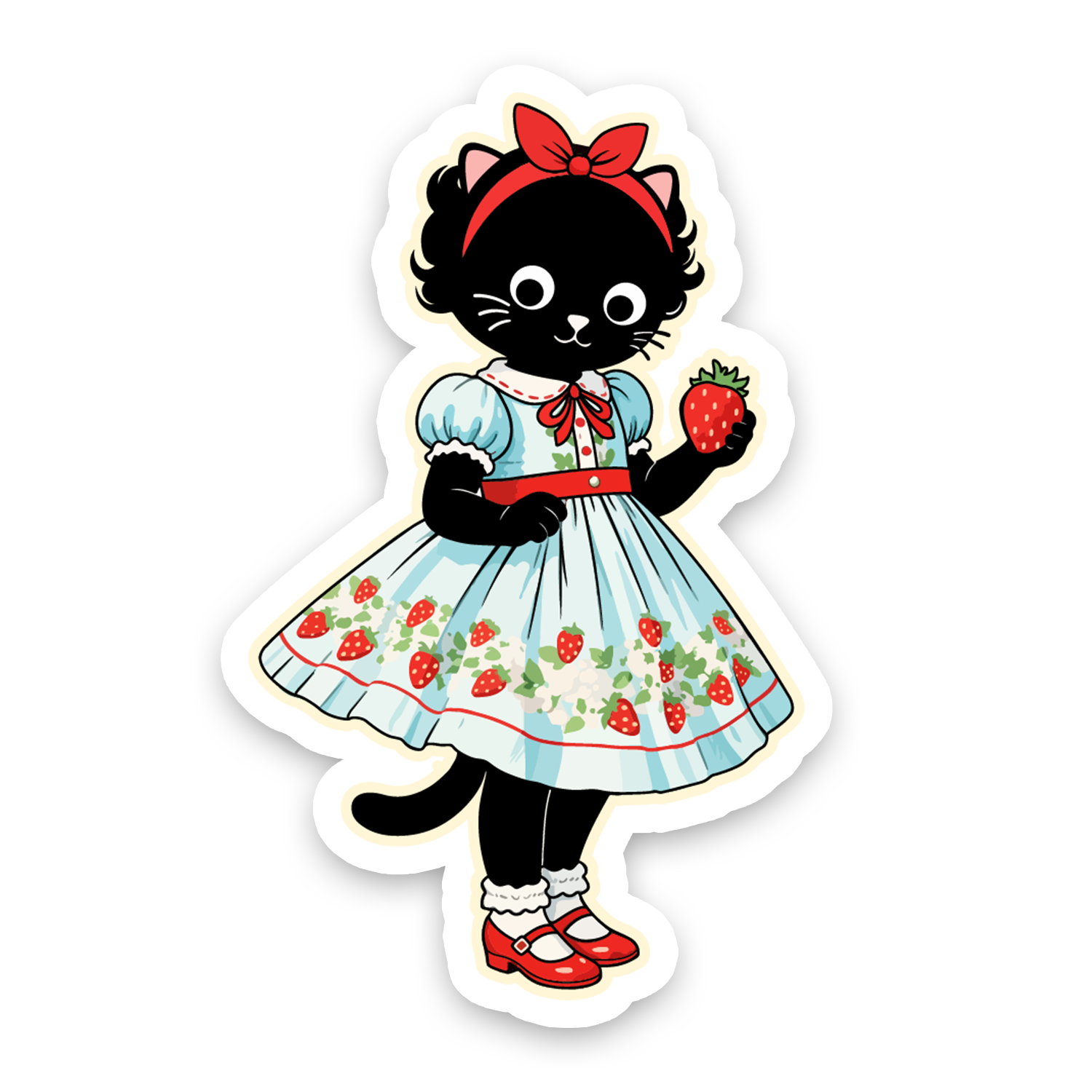 Sticker of a black cat in a dress holding a strawberry on a white background