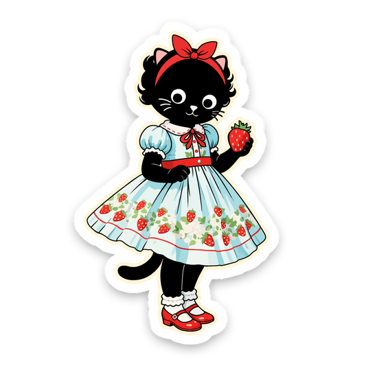 Sticker of a black cat in a dress holding a strawberry on a white background