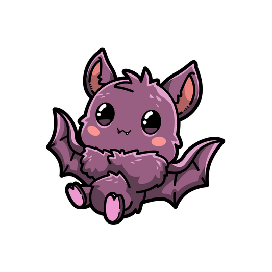 Cartoon purple bat with pink accents on a white background