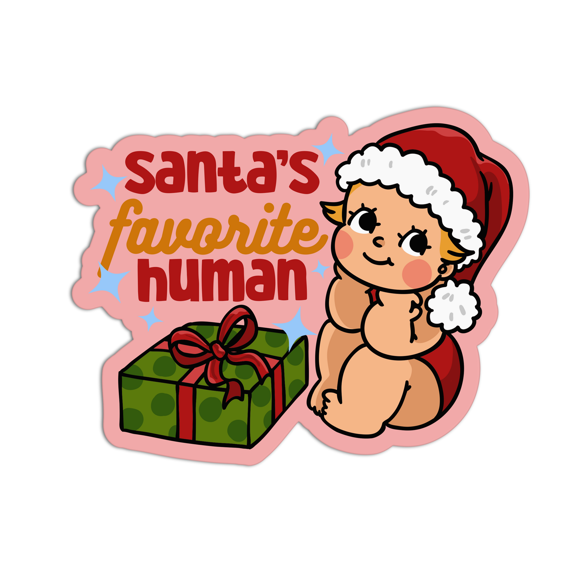 Sticker with cartoon baby in Santa hat next to a gift box with 'Santa's favorite human' text on a pink border.