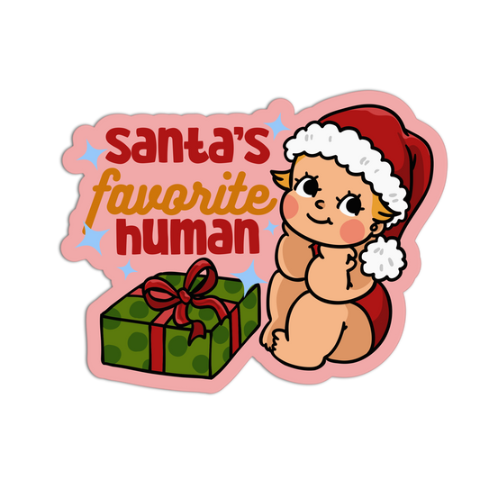 Sticker with cartoon baby in Santa hat next to a gift box with 'Santa's favorite human' text on a pink border.
