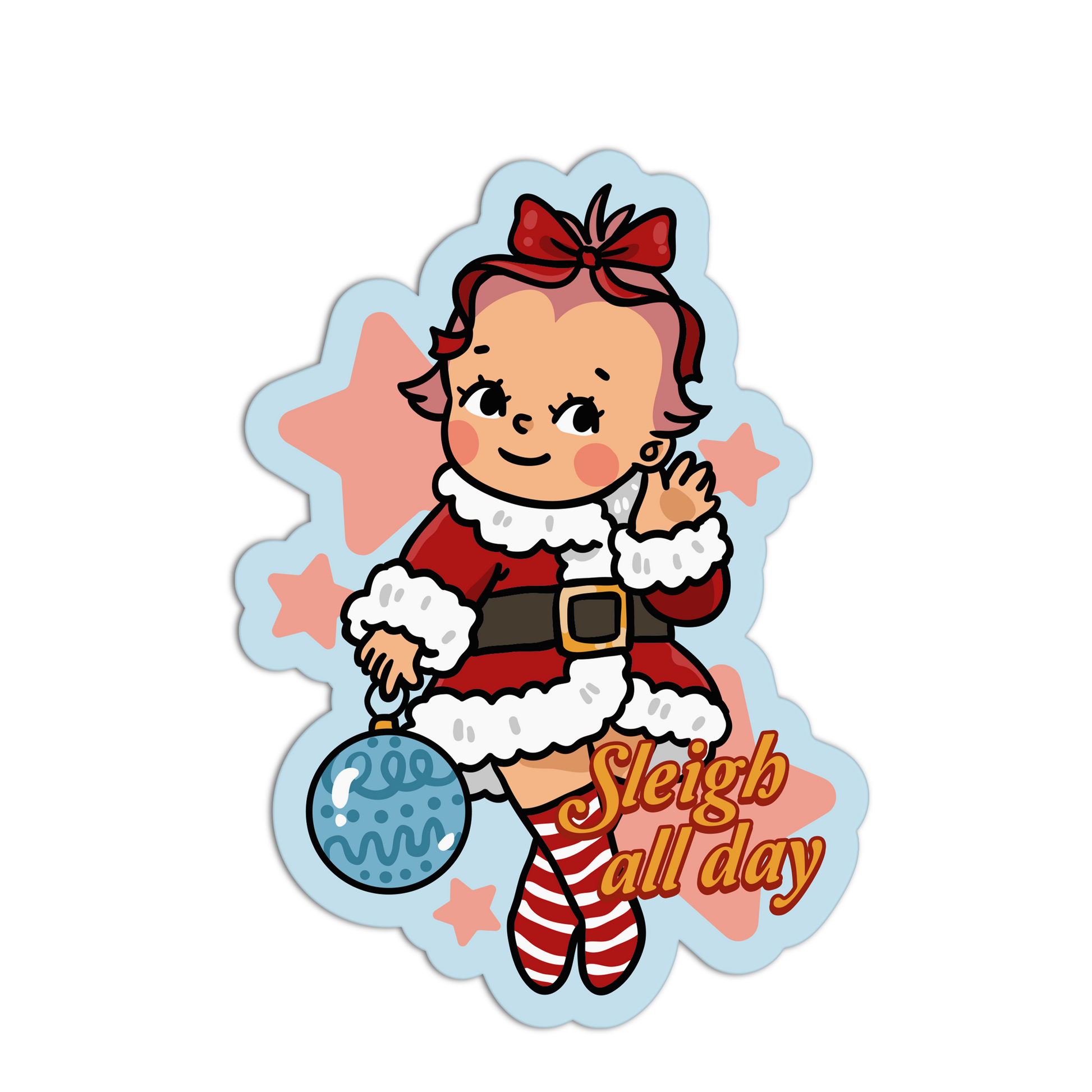 Illustration of a child in a Santa outfit with 'Sleigh all day' text on a white background