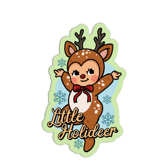 Cartoon reindeer with a bow tie on a light green background with snowflakes, featuring the text 'Little Holideer'.