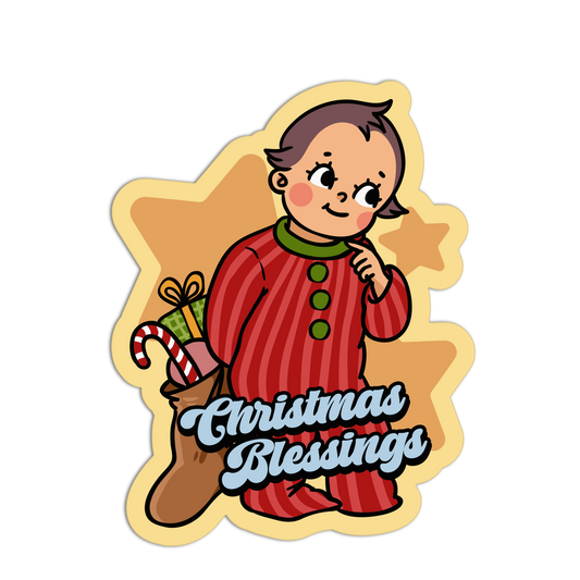 Illustration of a child in red pajamas holding a candy cane and gift, with 'Christmas Blessings' text on a star-shaped background.