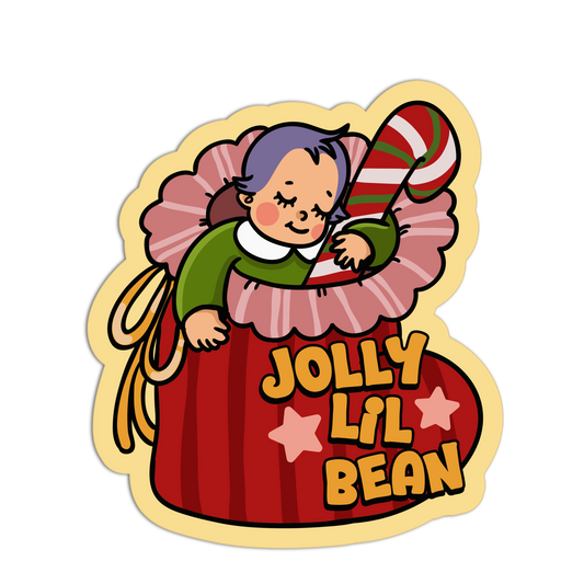 Illustration of a character in a red bag with 'Jolly Lil Bean' text on a white background