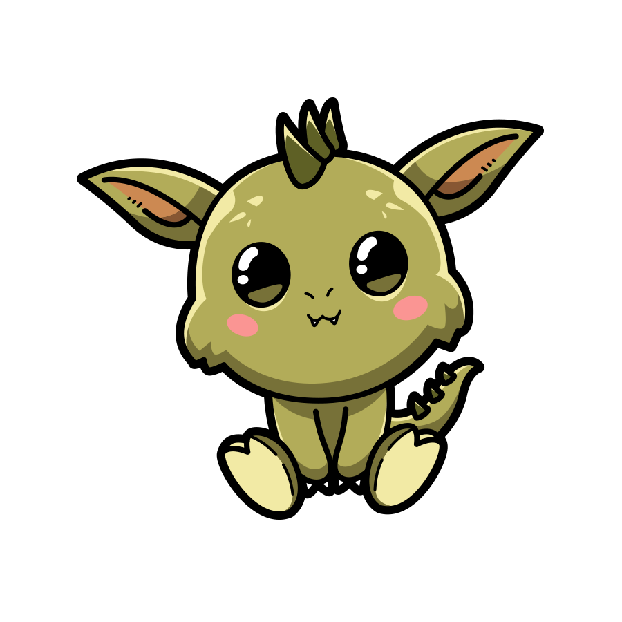 Cartoonish green creature with large eyes and a small mouth on a white background
