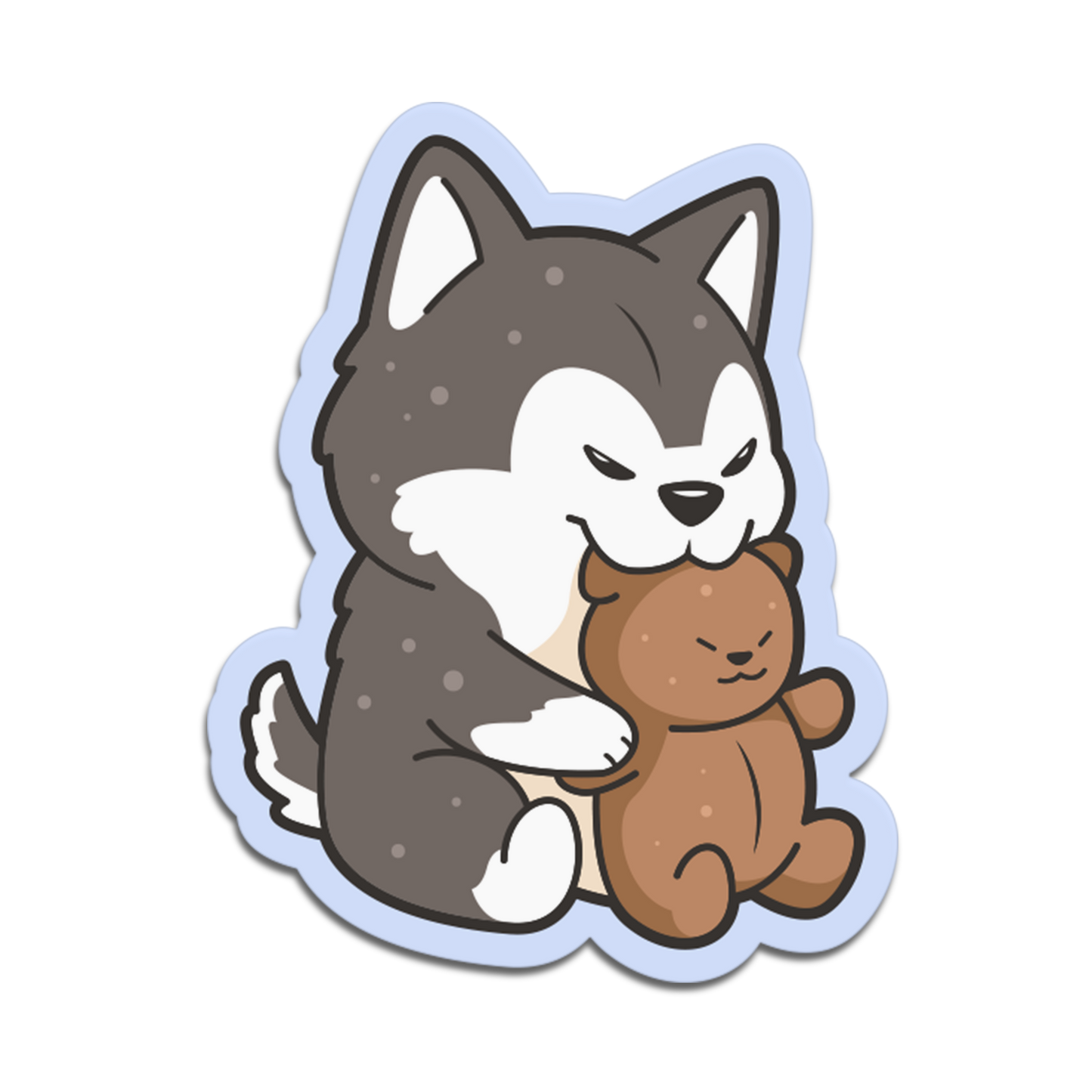 Cartoon wolf holding a teddy bear with a sad expression on a white background