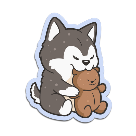Cartoon wolf holding a teddy bear with a sad expression on a white background