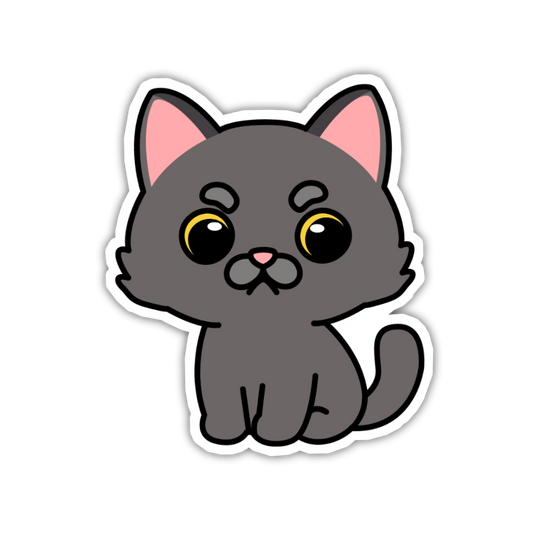 Cartoon gray cat with pink ears on a white background