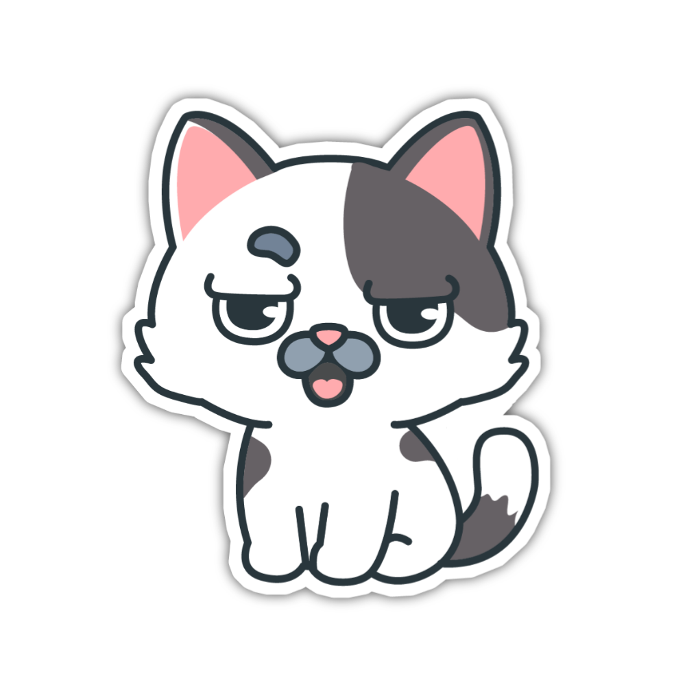 Cartoon cat sticker with a sad expression on a white background