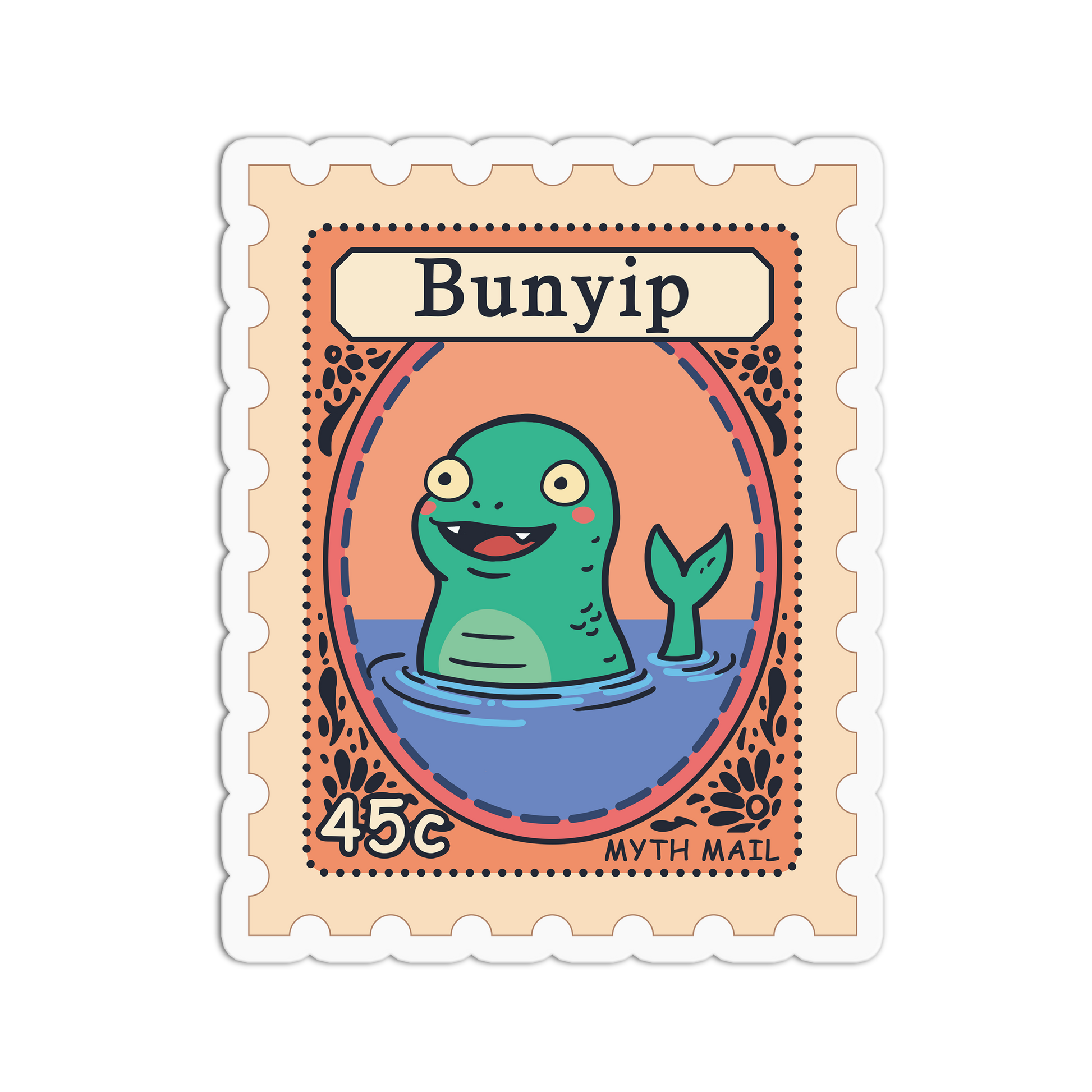 Illustration of a bunyip on a postage stamp-style background with 'Bunyip' and '45c' text.