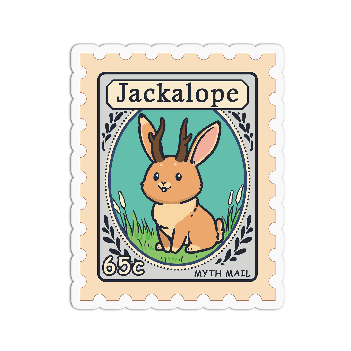 Sticker design resembling a postage stamp with a jackalope illustration and 'Jackalope' text.
