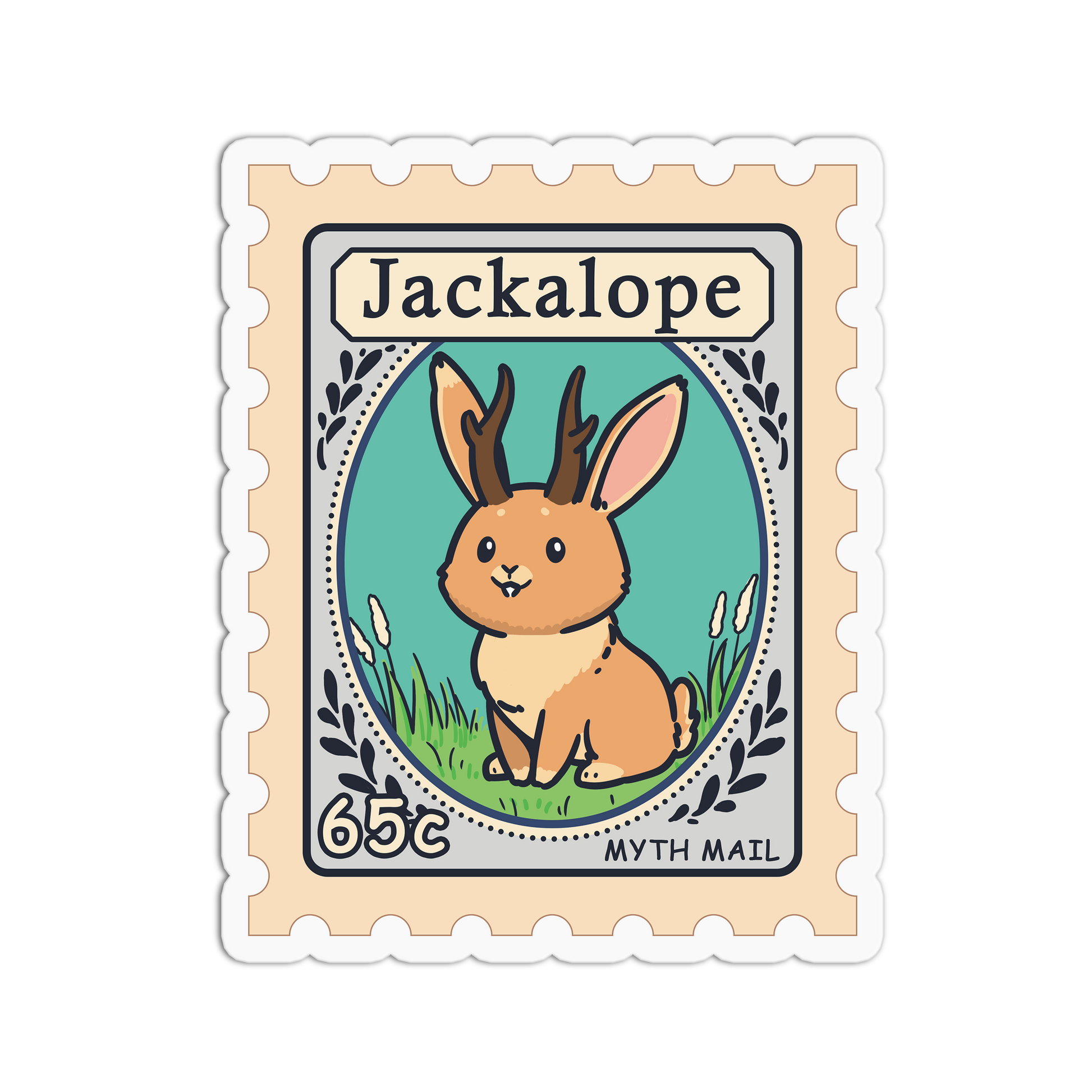 Sticker design resembling a postage stamp with a jackalope illustration and 'Jackalope' text.
