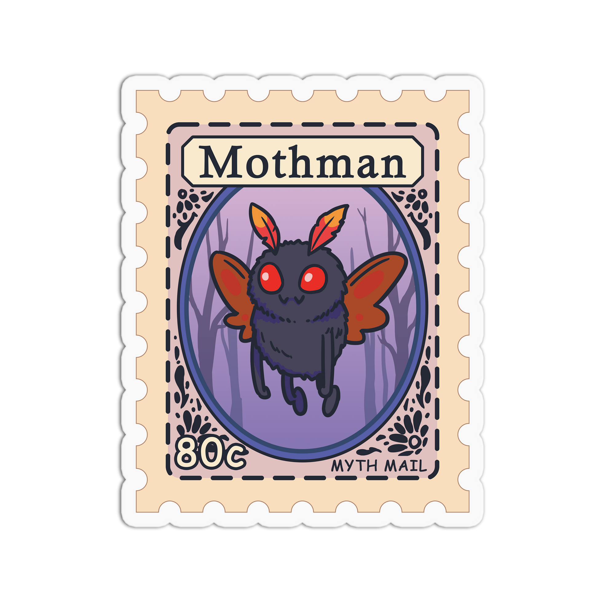 Sticker design of Mothman with a vintage stamp border, featuring the text 'Mothman' and 'Myth Mail'.