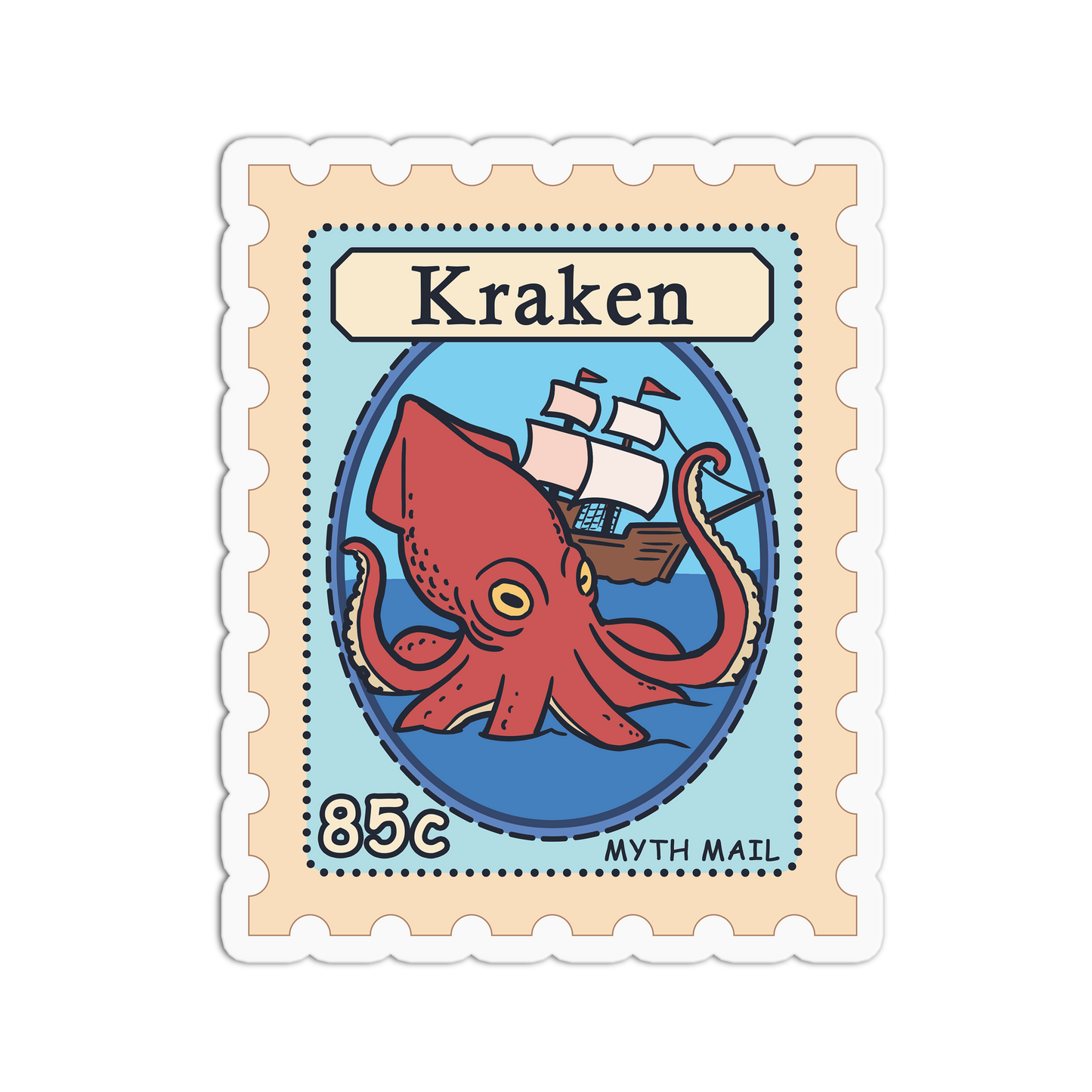 Sticker design resembling a postage stamp with a red kraken and ship, labeled 'Kraken'.